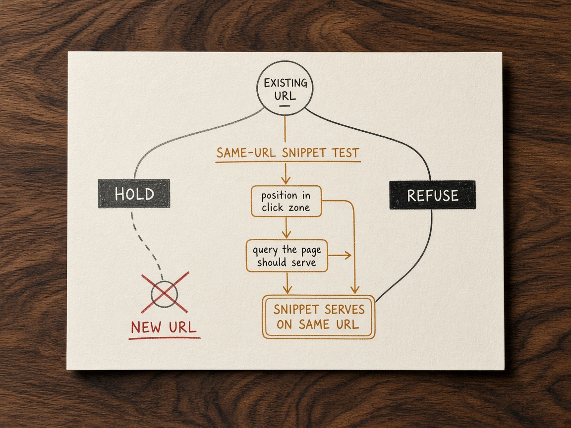 Hold-or-rewrite decision card for impressions without clicks, routing an existing URL to hold, snippet test, or refuse