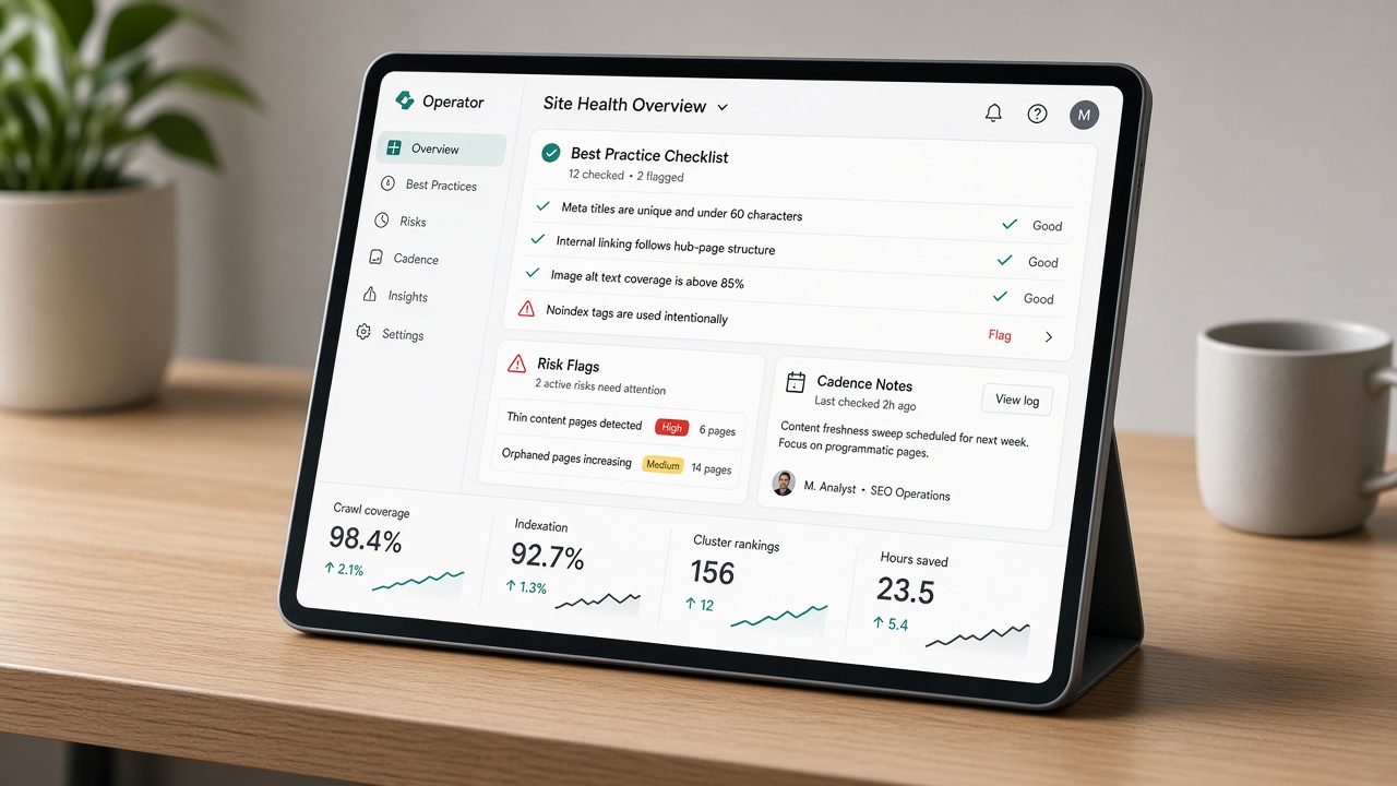Operator checklist and metrics dashboard for internal linking automation including crawl, index, cluster rankings, and hours saved