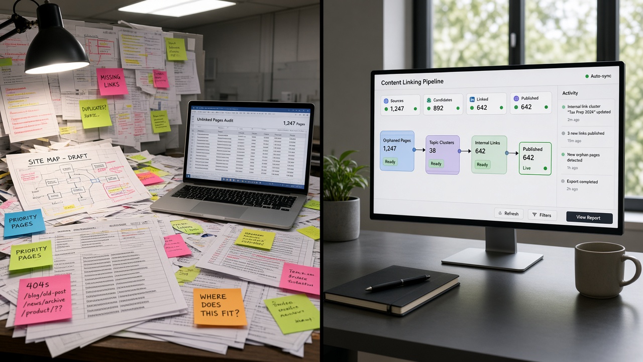 Internal linking scale bottleneck shown as messy URL spreadsheets and sticky notes versus a clean automated linking pipeline dashboard