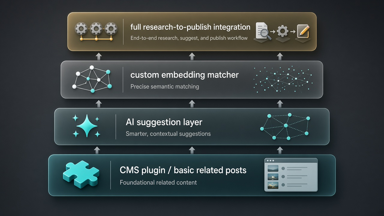 Internal linking automation architecture diagram with four tiers from CMS plugin to full research-to-publish integration