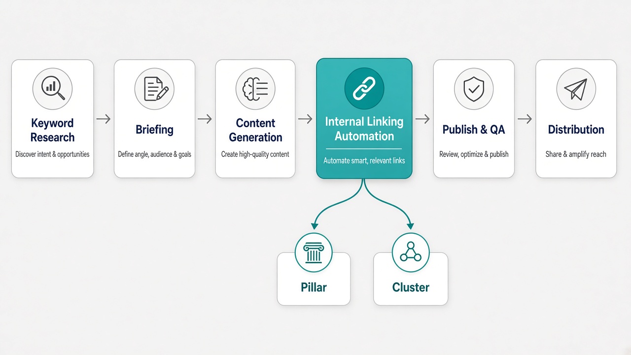 Research-to-publish flowchart with internal linking automation as a stage between content generation and publish QA