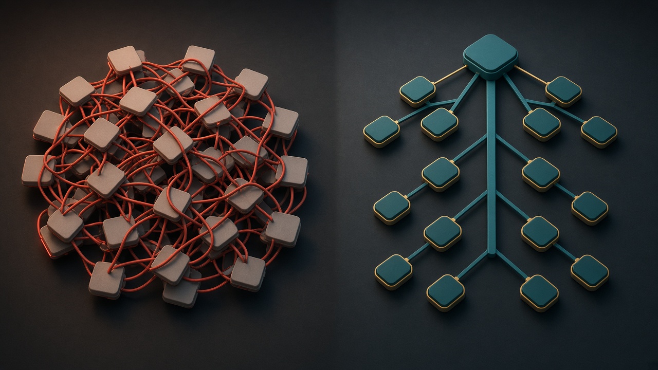 Programmatic SEO hierarchy crawl spine compared with a tangled related-block mesh