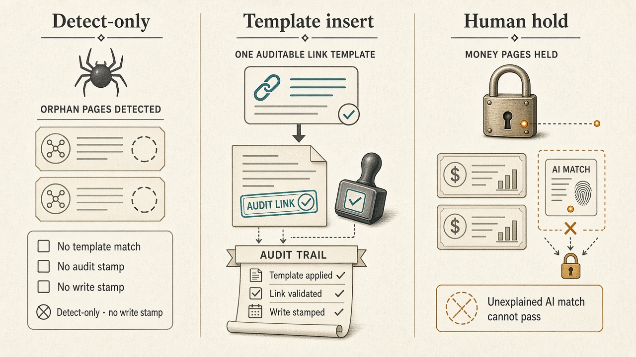 Three write states of an internal linking tool: detect-only, template insert, and human hold