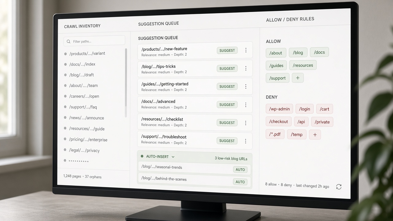 Internal linking tool dashboard automating orphan detection, candidates, and suggest-only queues