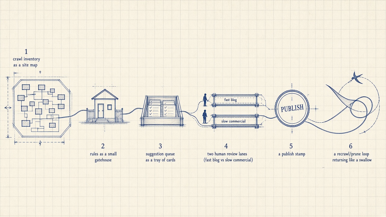 Lean internal linking workflow from crawl inventory through suggestion, review, publish, and recrawl