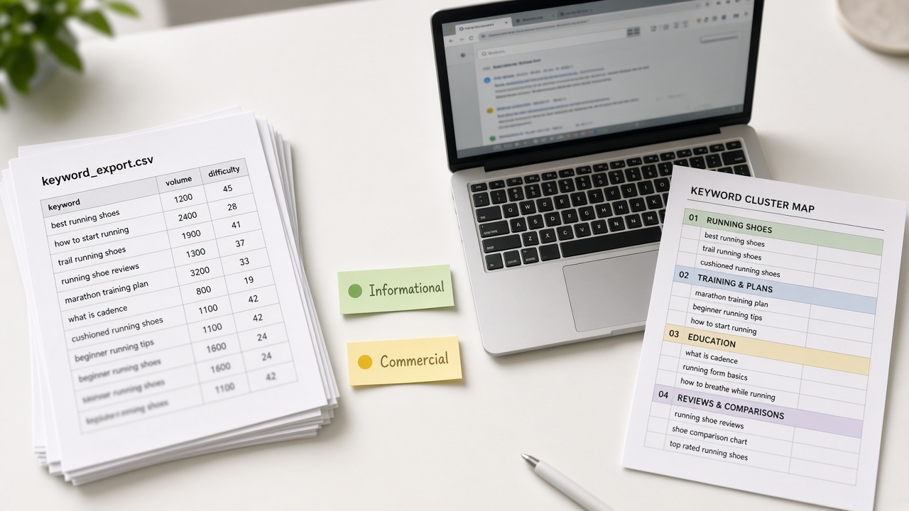 Step-by-step keyword clustering workflow from raw export to finished cluster map spreadsheet