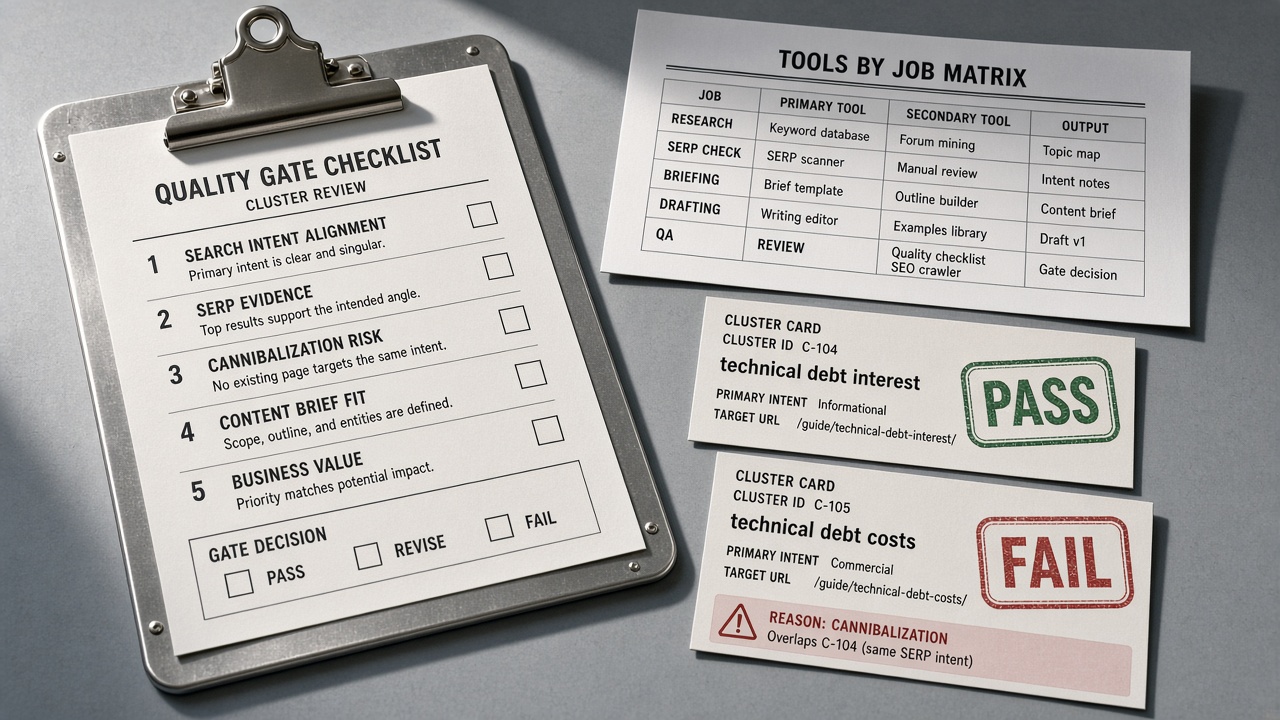 Quality gates checklist and tools matrix with pass and fail stamps on keyword cluster cards