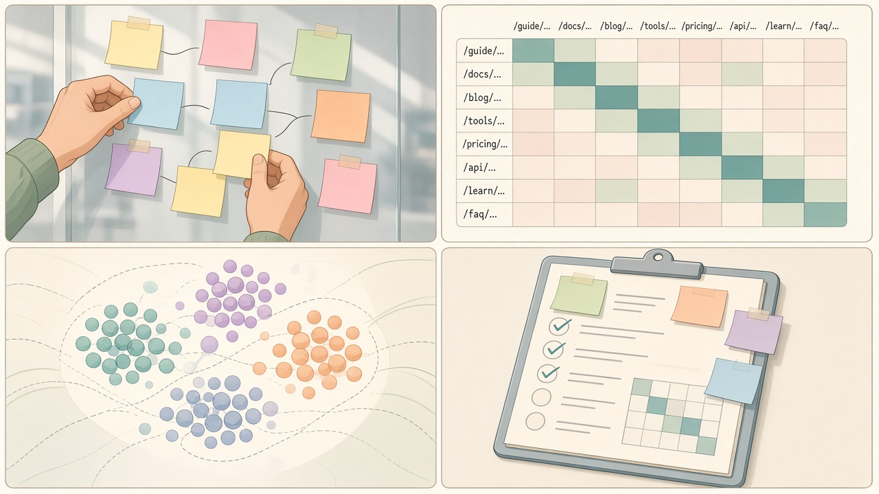 Four keyword clustering methods: sticky notes, SERP overlap matrix, embedding cloud, and hybrid checklist