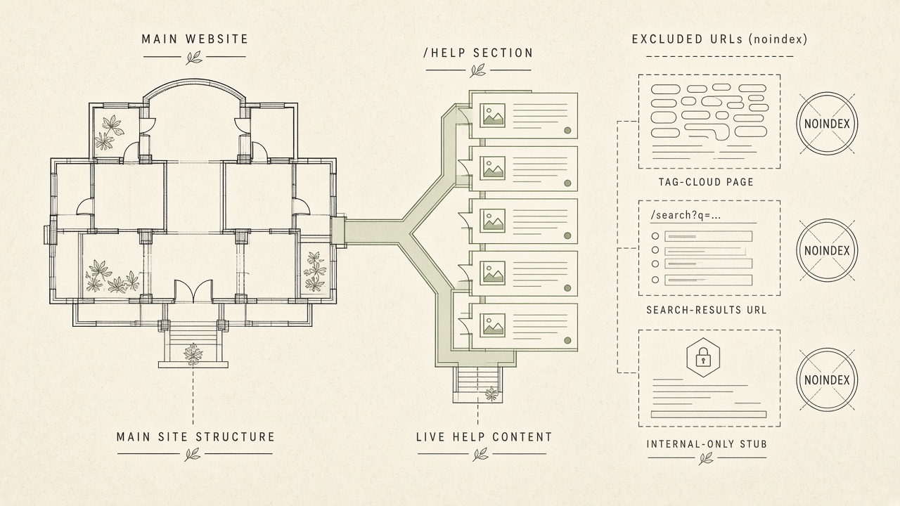 Knowledge base SEO site map with help docs in a subfolder and noindex on thin URLs