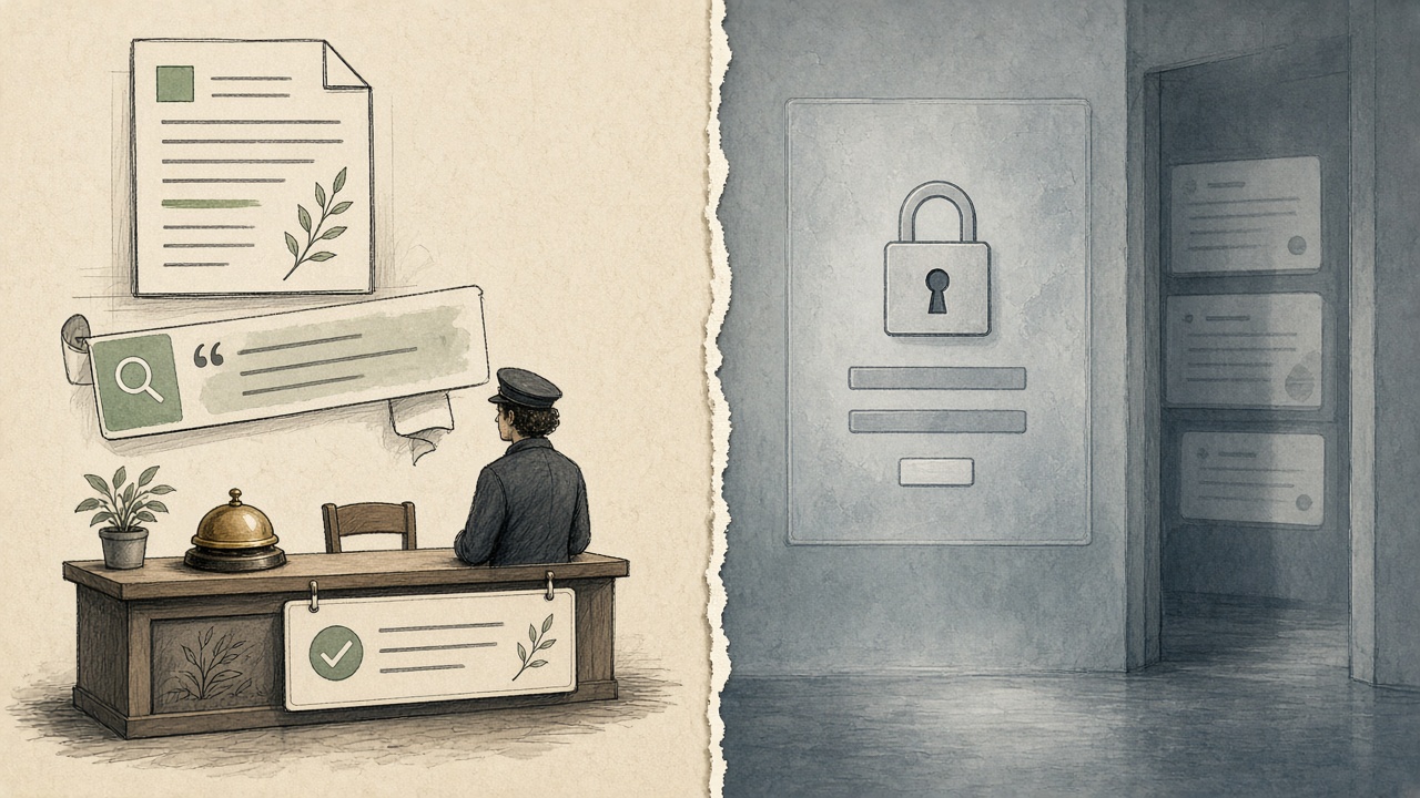 Knowledge base SEO contrasted with a private help wall that search and a concierge cannot cite