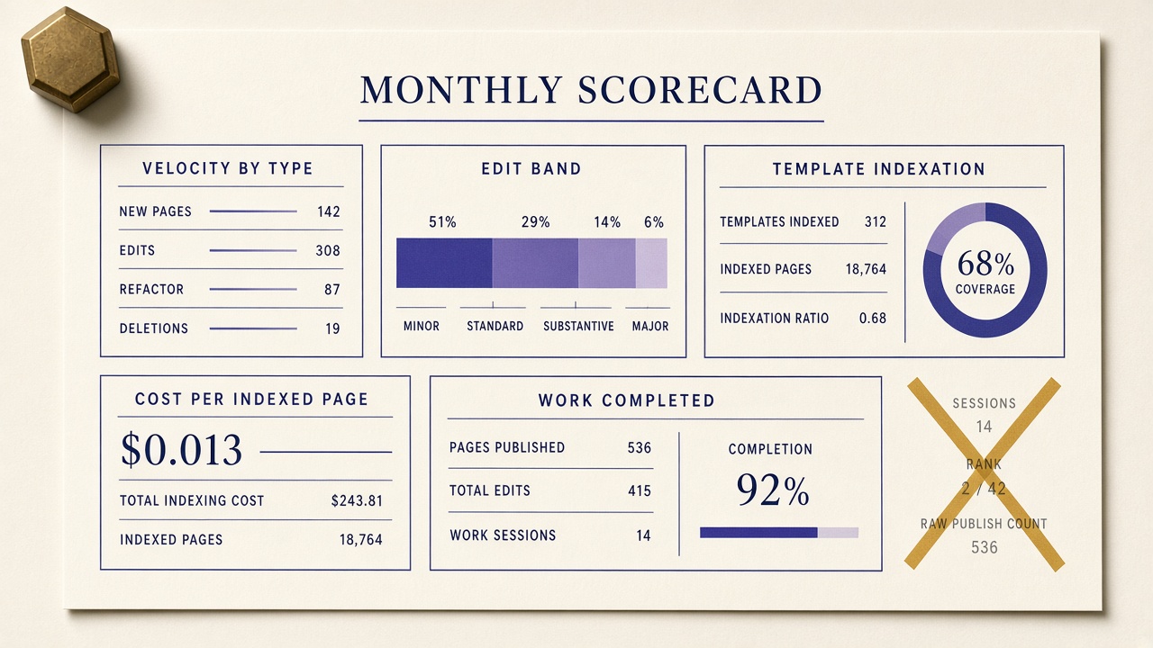 One-page monthly autoblogging scorecard with sessions, rank, and publish count crossed out