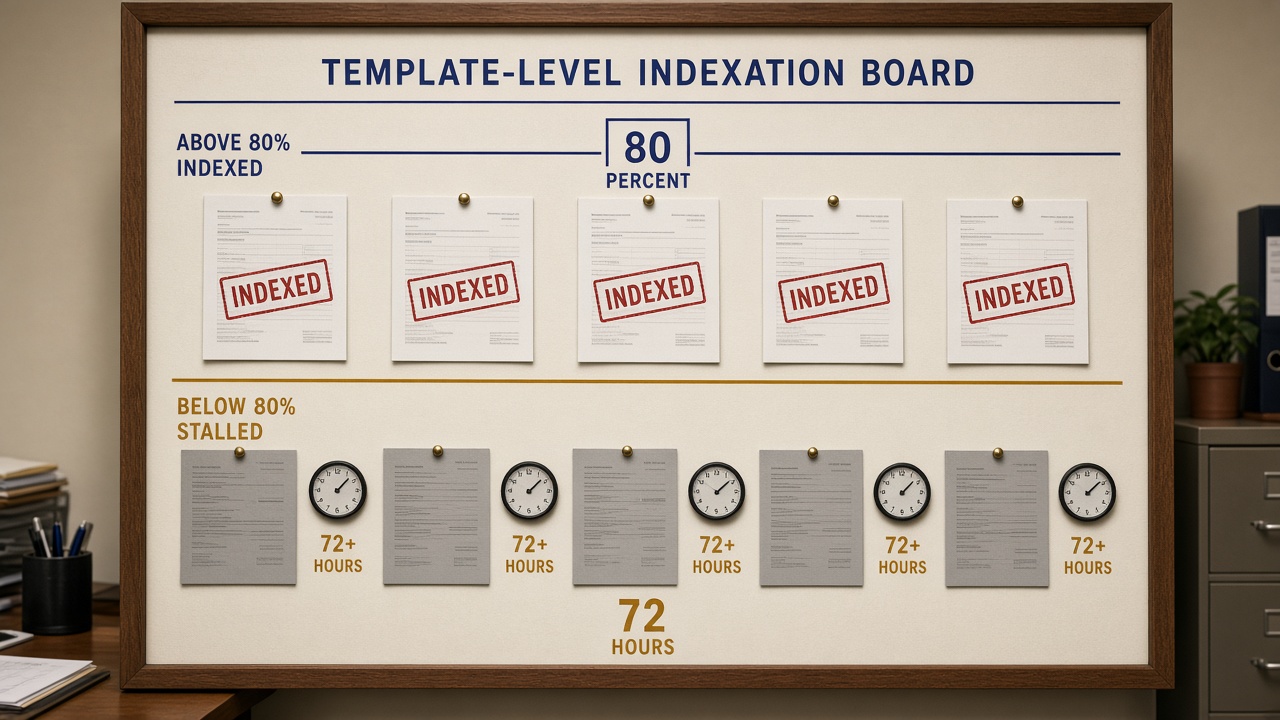 Healthy indexation rate for automated pages, one template above 80 percent and one stalled