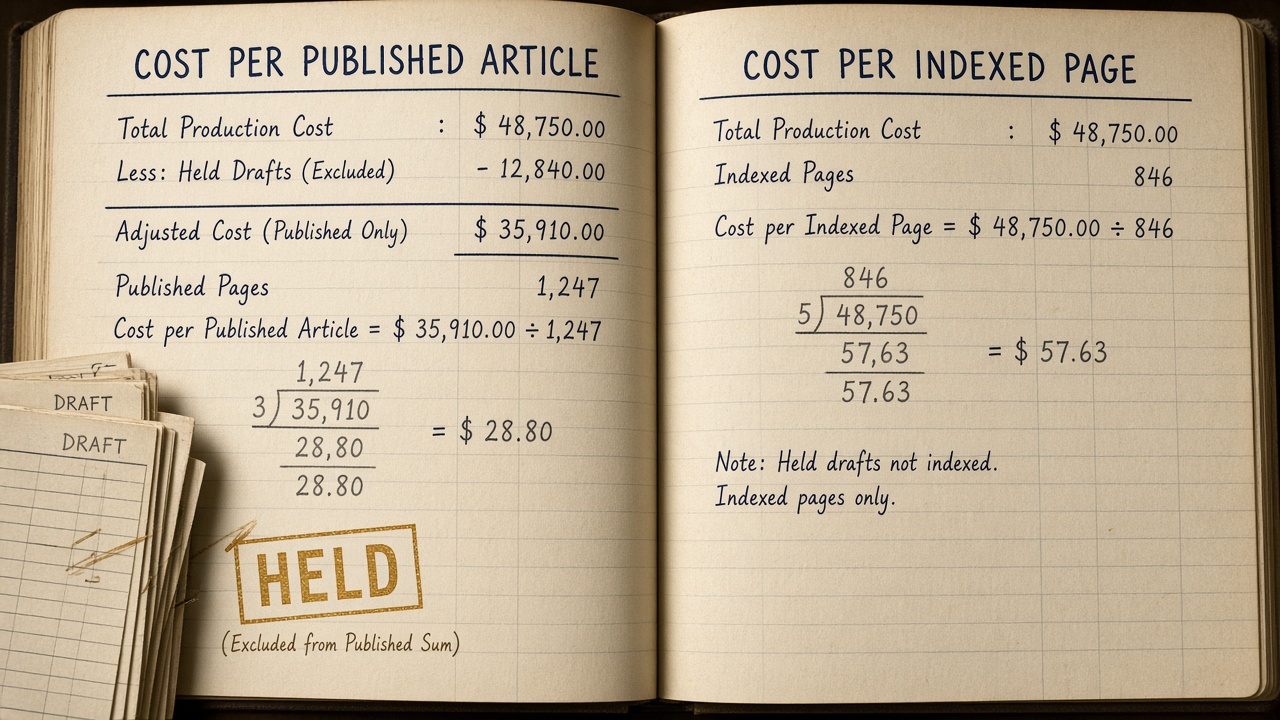 Cost per published article compared with cost per indexed page, held drafts excluded