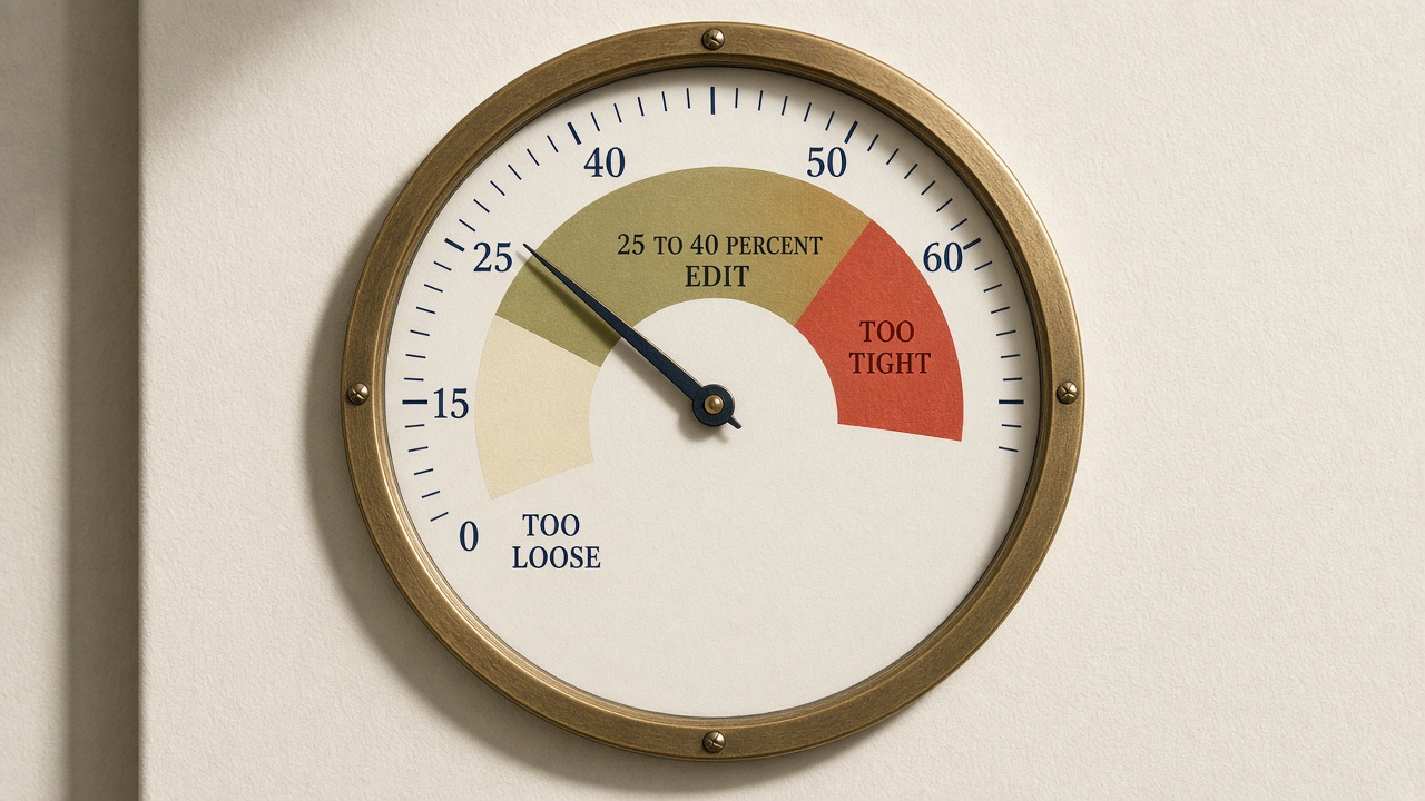 Edit rate gauge for an autoblogging publish gate, healthy band 25 to 40 percent