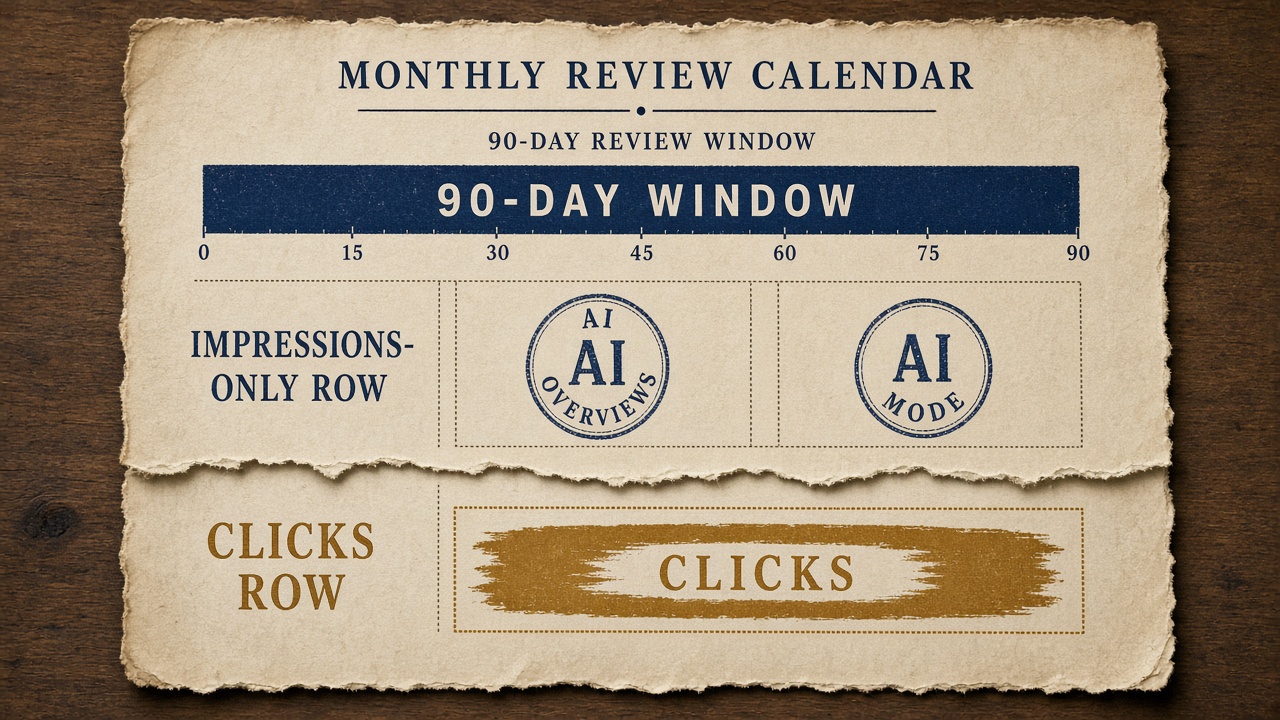 Monthly report calendar with AI Overview impressions split from clicks on a 90-day window