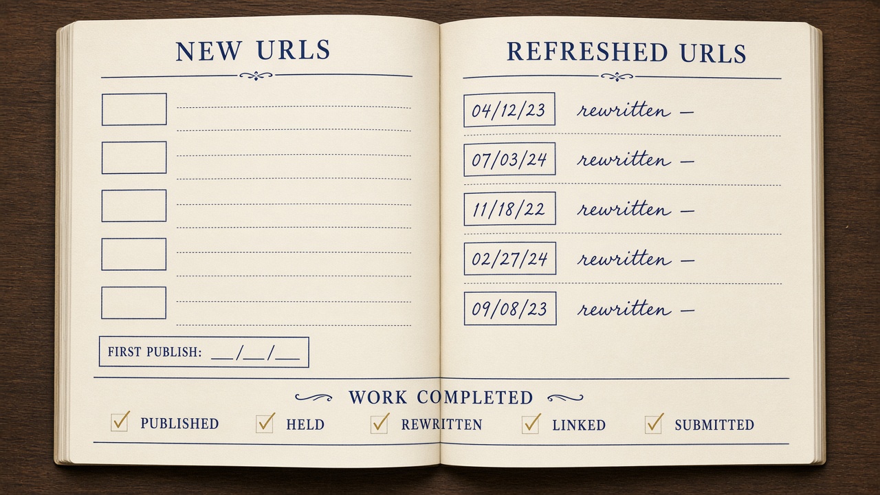 Ledger separating new pages from refreshed pages with a work-completed checklist