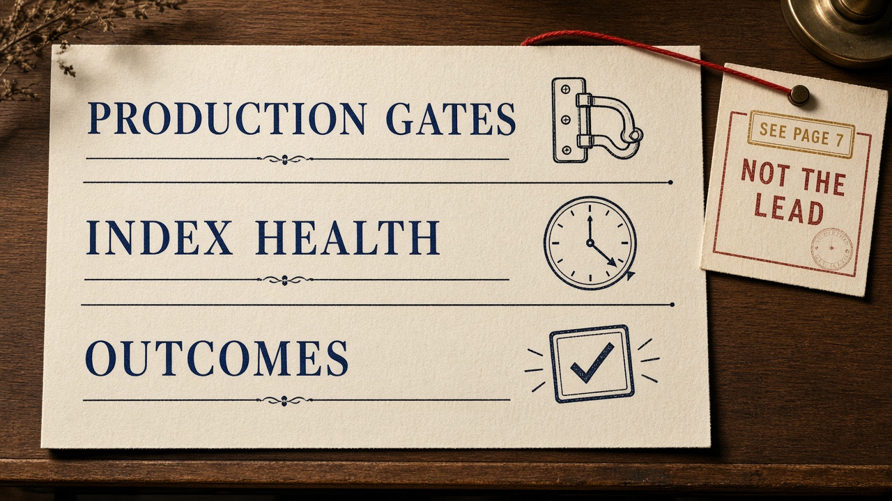 Autoblogging monthly KPI set diagram with production gates, index health, and outcomes