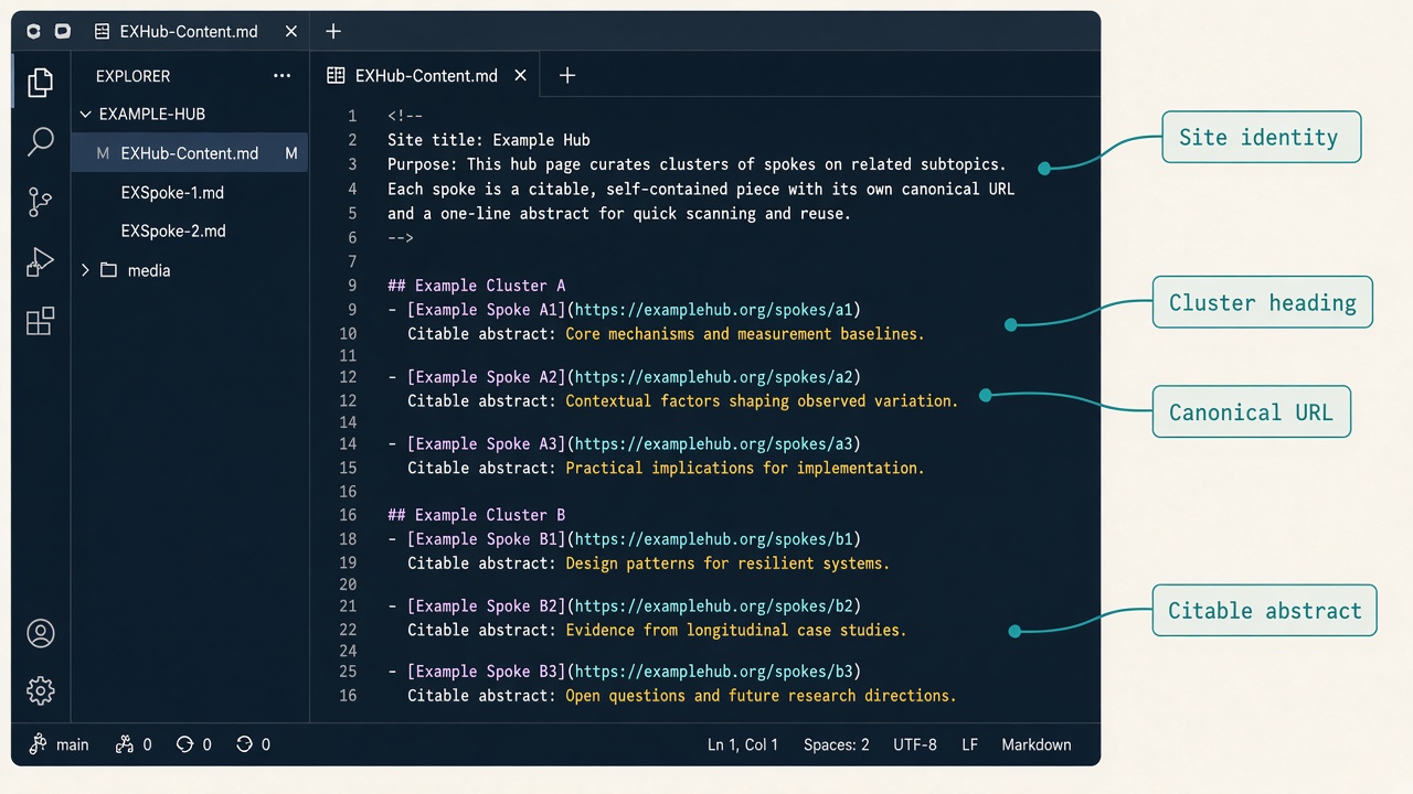 Annotated llms.txt file showing site identity, cluster headings, URLs, and abstracts