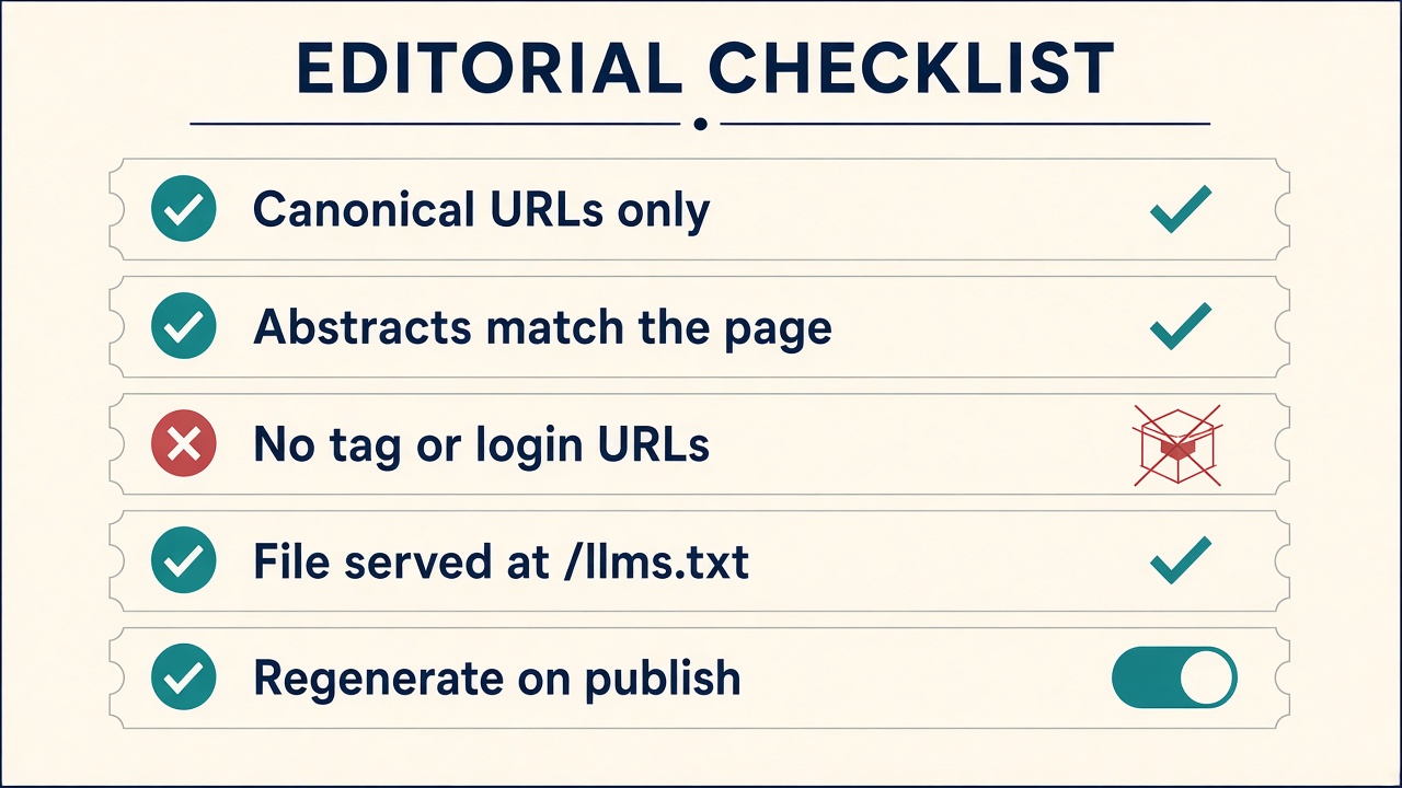 llms.txt quality checklist: canonical URLs, matching abstracts, no archives, regenerate on publish