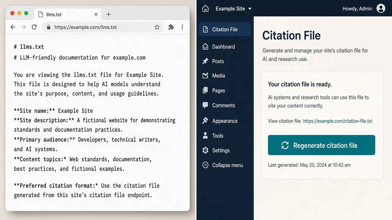 llms.txt hosted at example.com/llms.txt beside a simple WordPress regenerate control