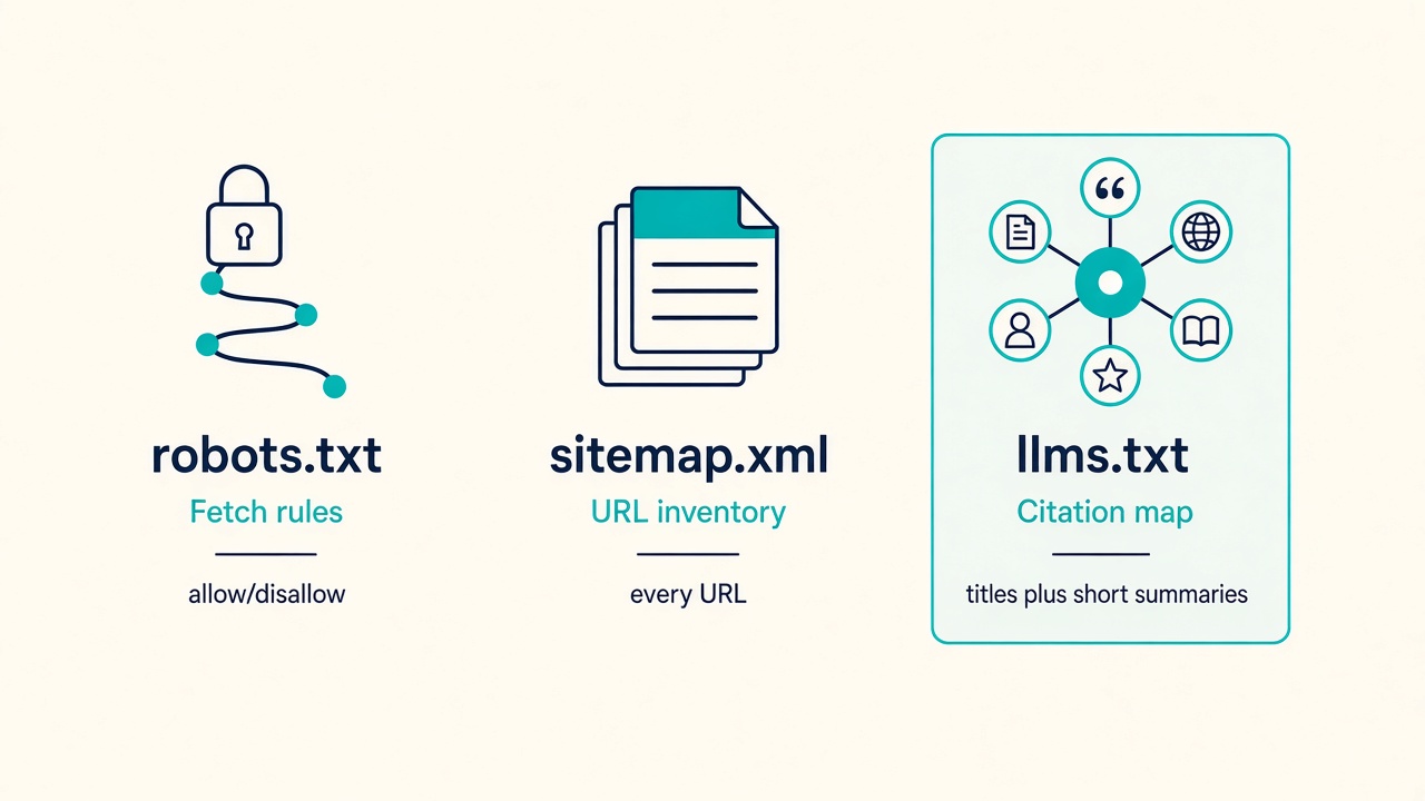 Diagram comparing robots.txt, sitemap.xml, and llms.txt as three different jobs