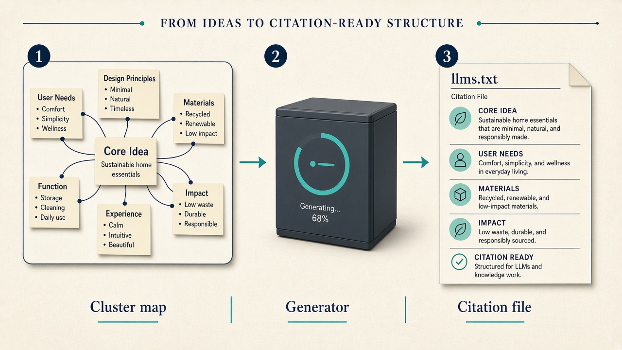 Workflow from content cluster map through an llms.txt generator to a citation file
