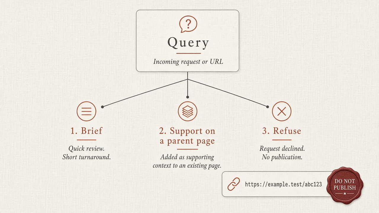 Decision gate sorting long-tail keyword examples into brief, parent-page support, or refuse