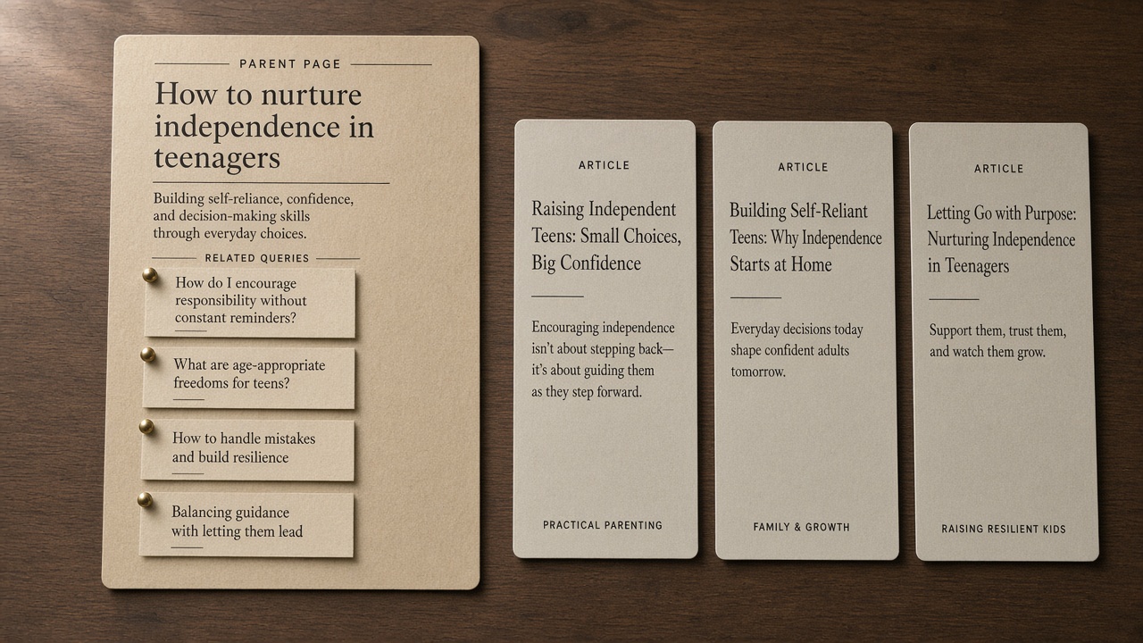 One parent page holding related long-tail keywords beside three thin duplicate article cards