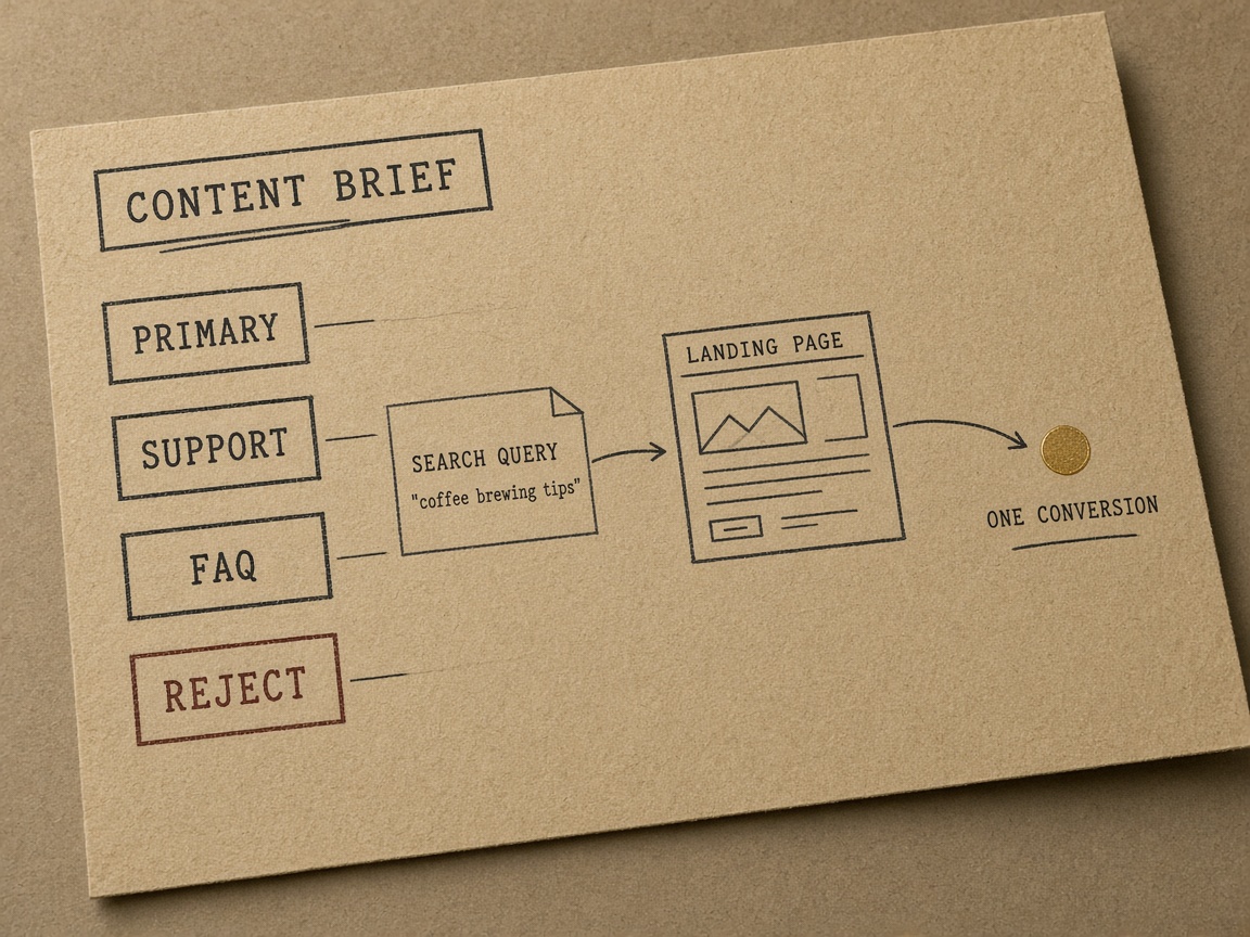 Content brief mapping long-tail keywords to primary, support, FAQ, or reject before one conversion