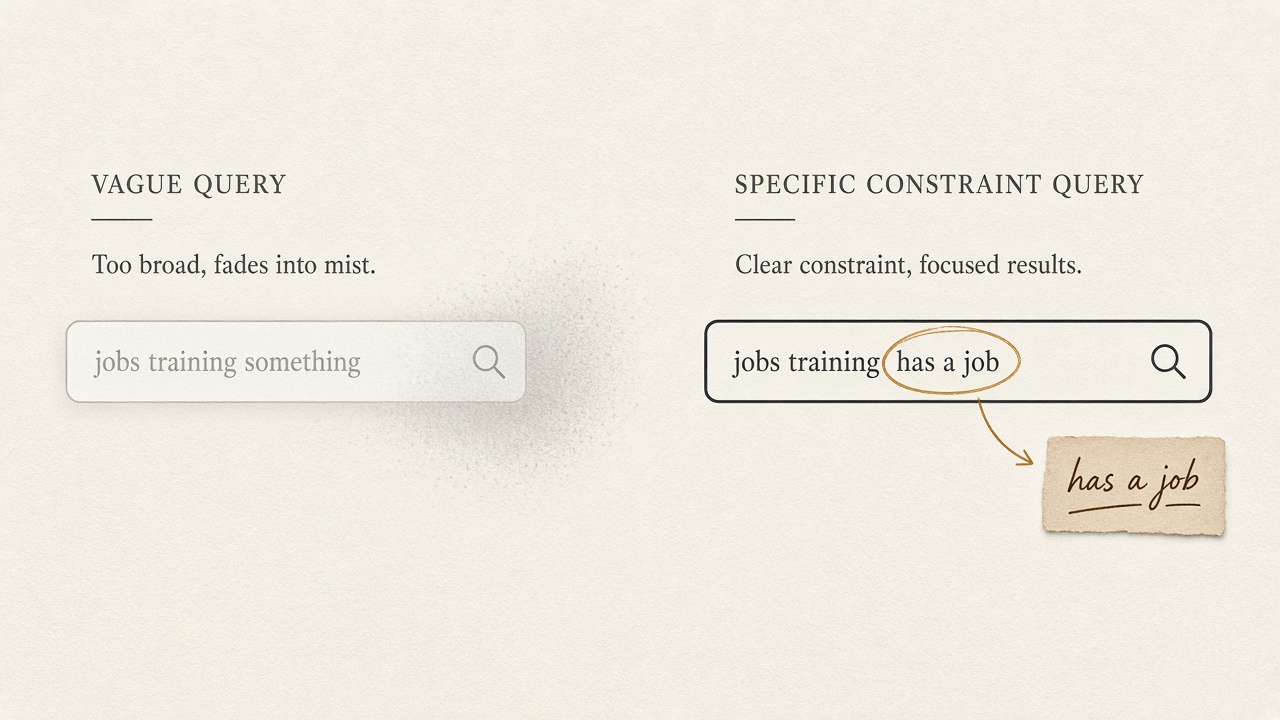 Long-tail keyword examples comparing a vague head term with a specific converting query