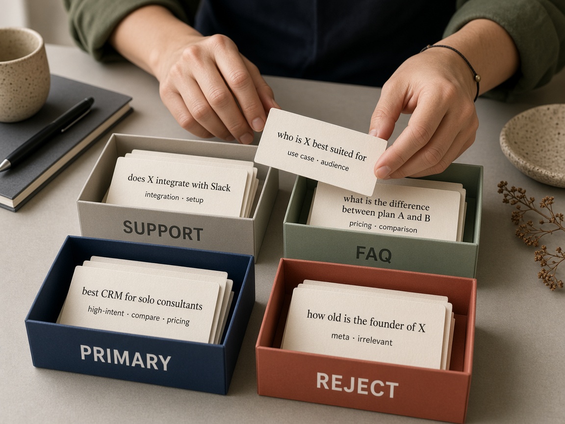 Sorting long-tail keywords into primary, support, FAQ, and reject brief roles