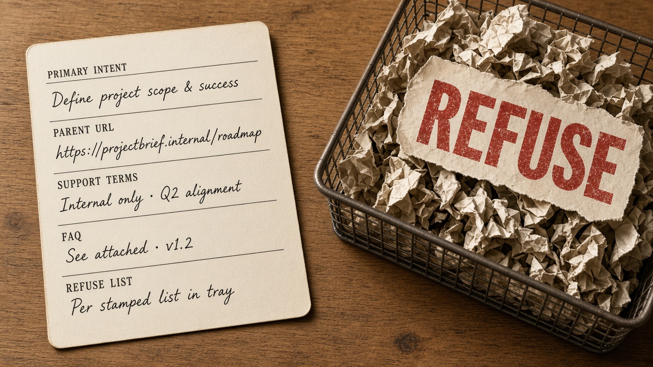 A long-tail keyword brief with intent, parent URL, support terms, FAQ, and a refuse list