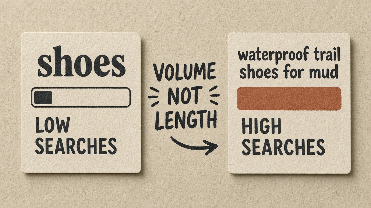 Long-tail keywords judged by search volume, not by how many words they contain