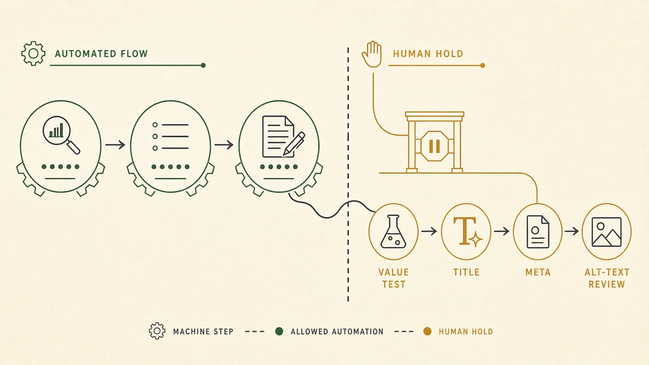 What you can automate without scaled content abuse: research to draft, with a human hold on value and metadata