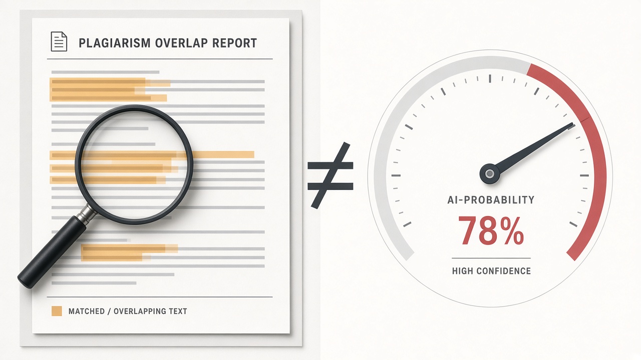 Plagiarism match report beside a separate AI-detector score, shown as two different checks