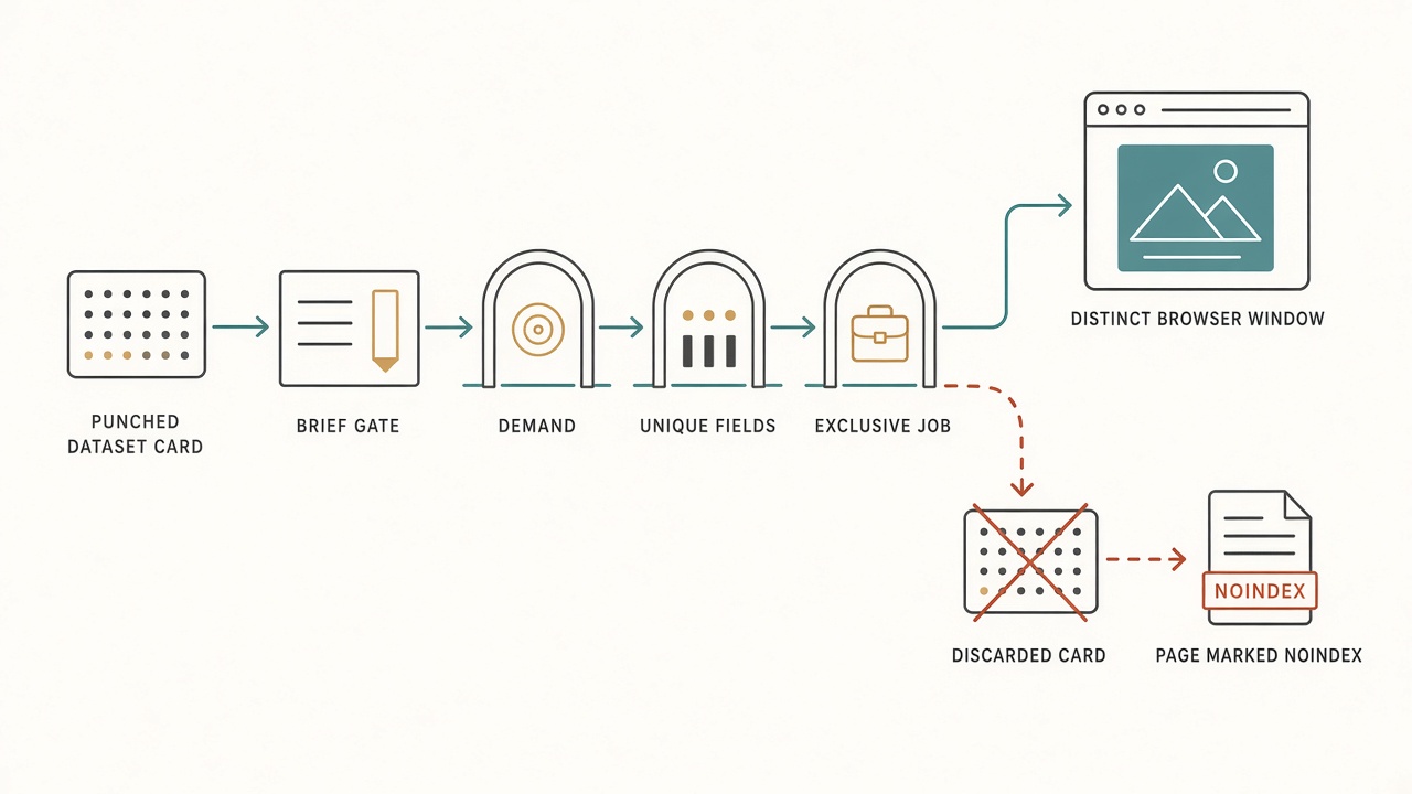 SEO content brief diagram of a dataset row passing three checks or dropping to noindex