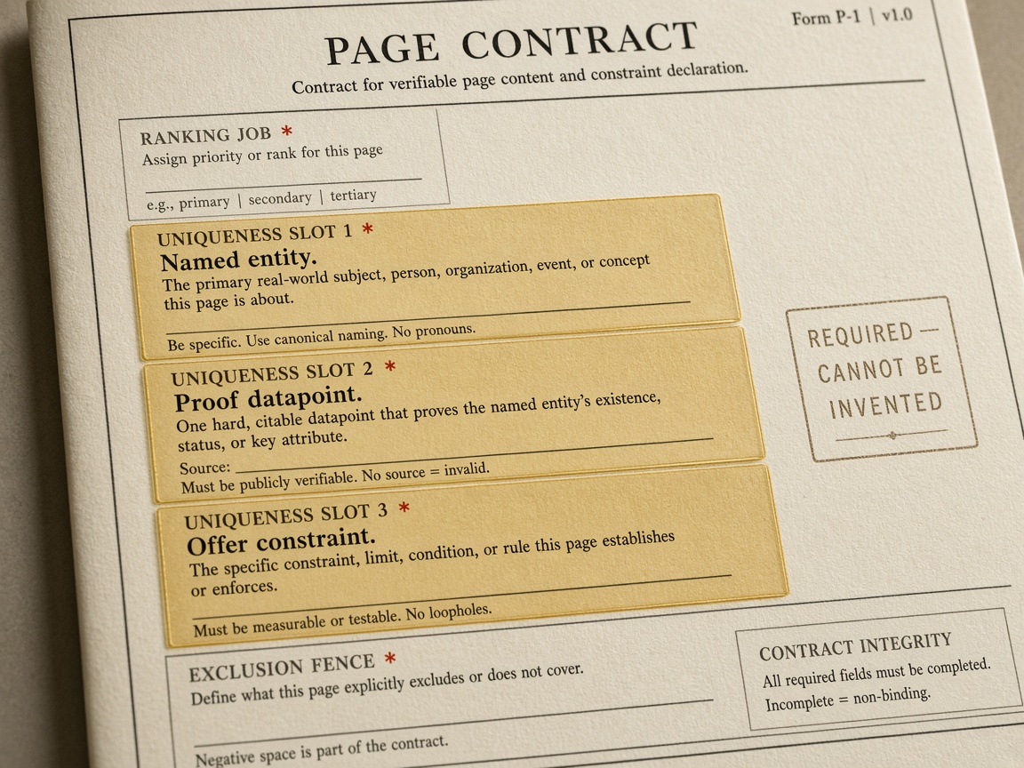Page-contract card highlighting required uniqueness slots for entity, proof datapoint, and offer constraint