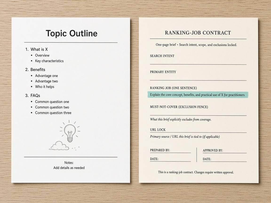 Generic SEO topic outline compared with a one-page ranking-job contract for a single URL