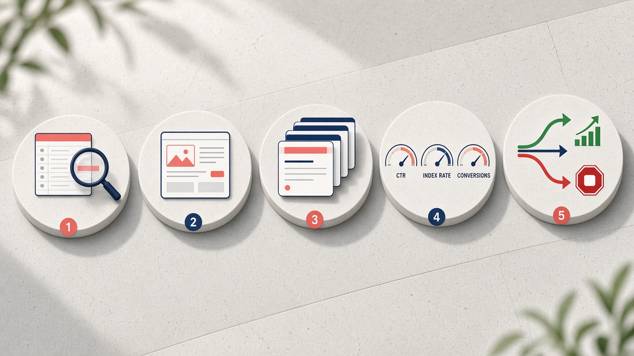 Lean programmatic SEO rollout plan: audit data, build template, ship pilot, measure, then scale or kill