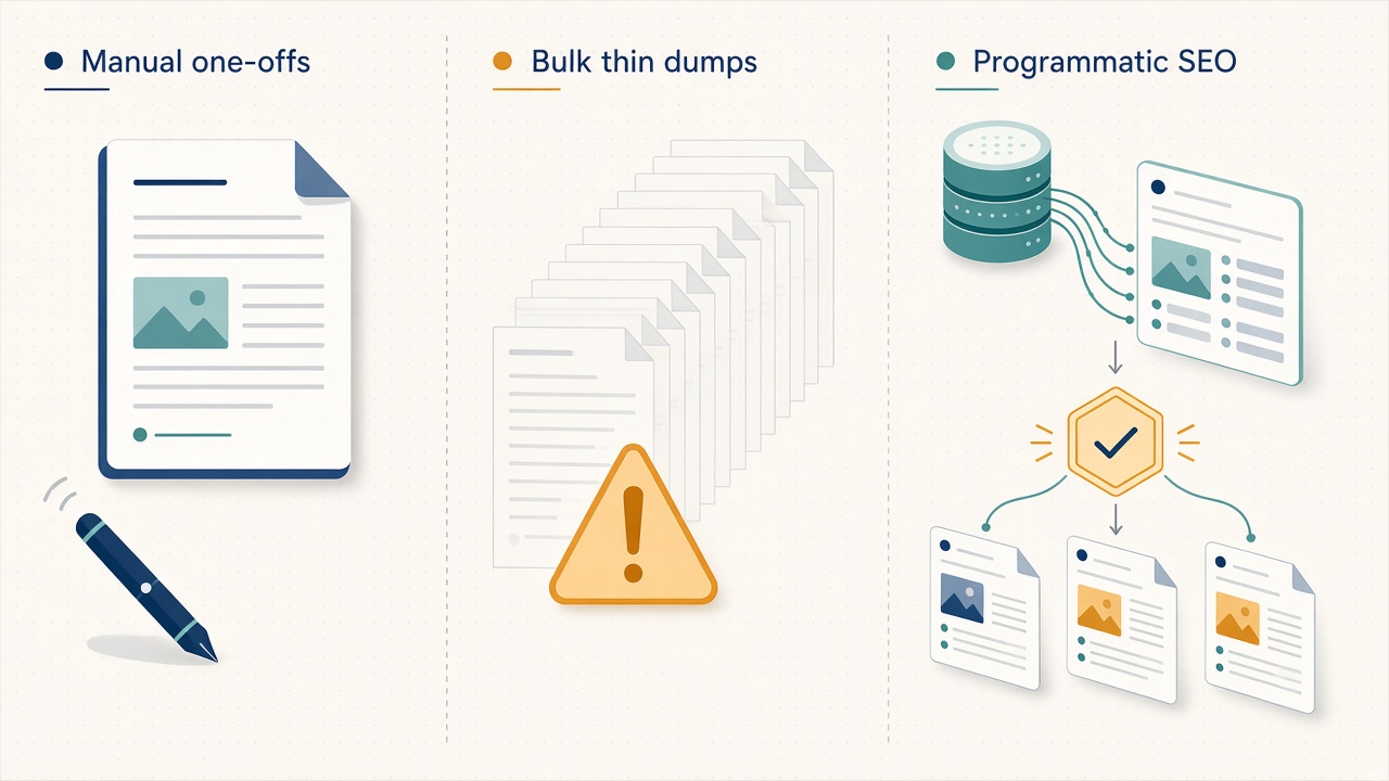 Diagram comparing manual SEO articles, thin bulk AI pages, and programmatic SEO with data templates and quality gates
