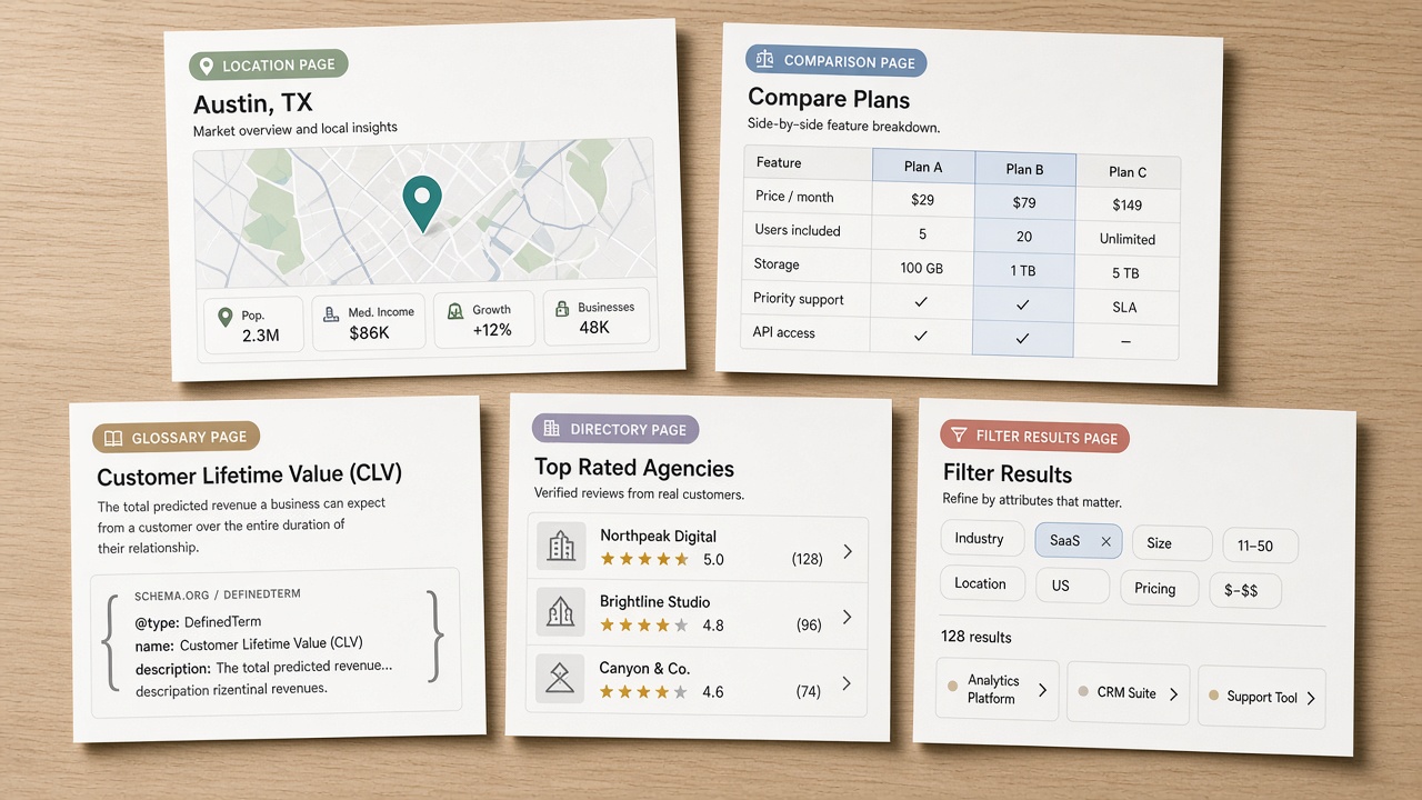 Five high-intent programmatic SEO page types: location, comparison, glossary, directory, and filter pages