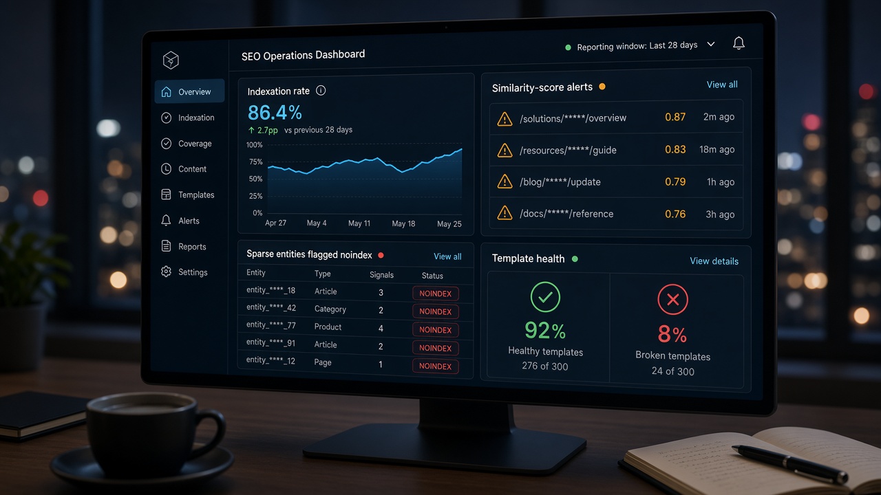 SEO quality control dashboard tracking indexation rate, similarity alerts, noindex flags, and template health