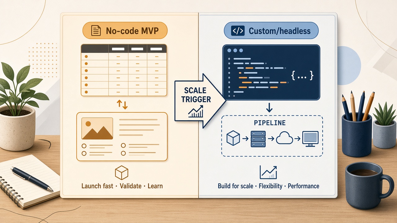 Build vs buy decision board for programmatic SEO tools comparing no-code MVP and custom headless scale