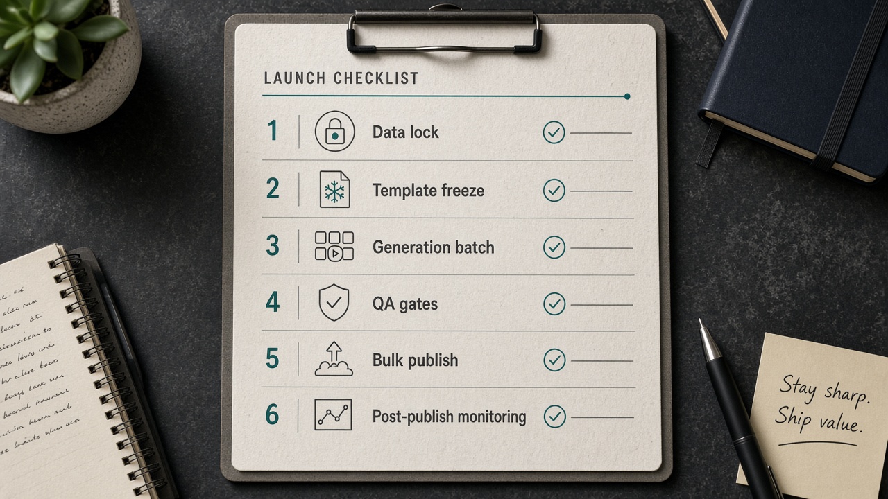 Programmatic SEO launch checklist from data pipeline lock through QA gates to live URL monitoring