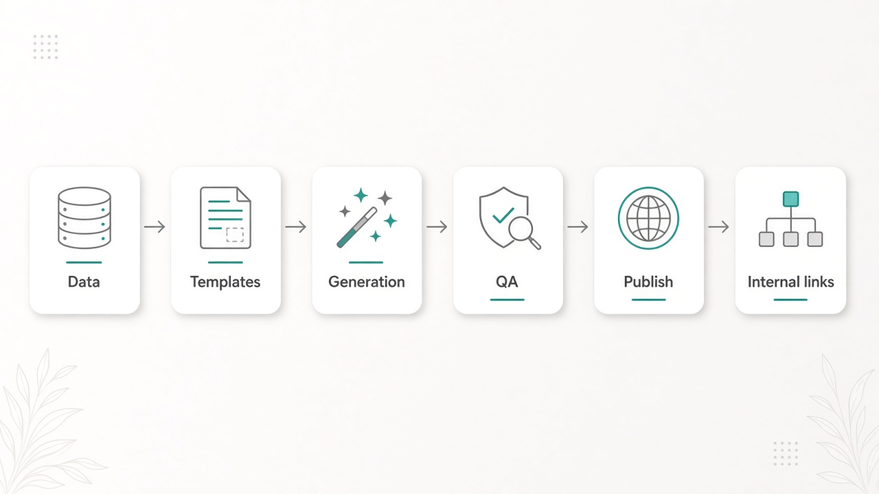 Programmatic SEO tools pipeline diagram from data through templates, generation, QA, publish, and internal links