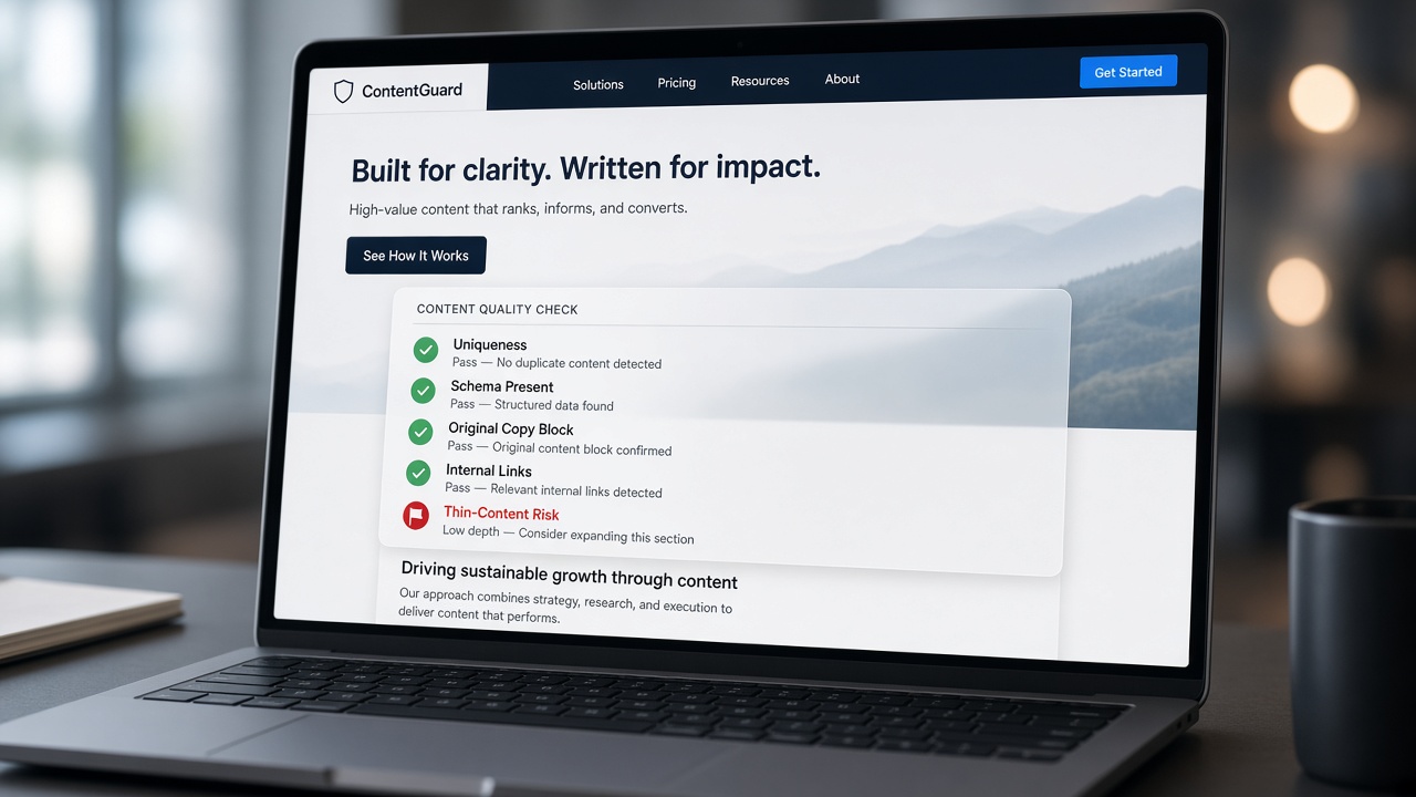 Quality gates checklist on a programmatic SEO landing page showing uniqueness, schema, and thin-content flags