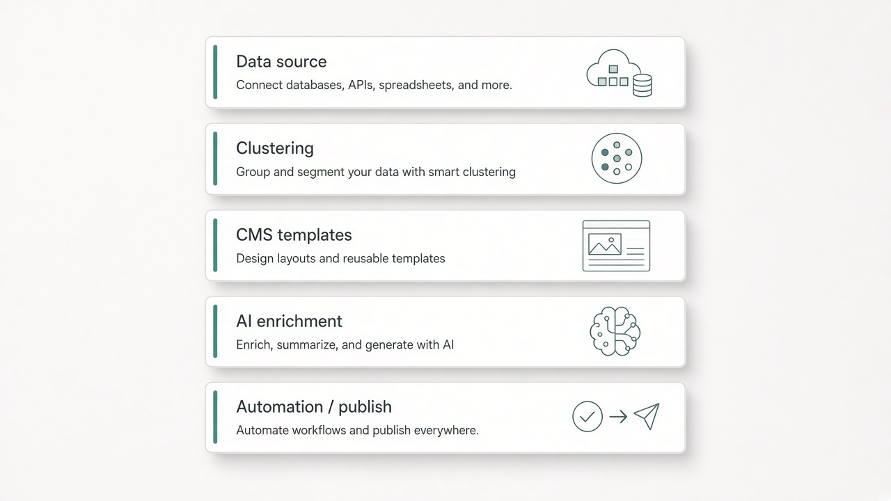 Minimum viable programmatic SEO tools stack cards for data, clustering, CMS, AI enrichment, and publish