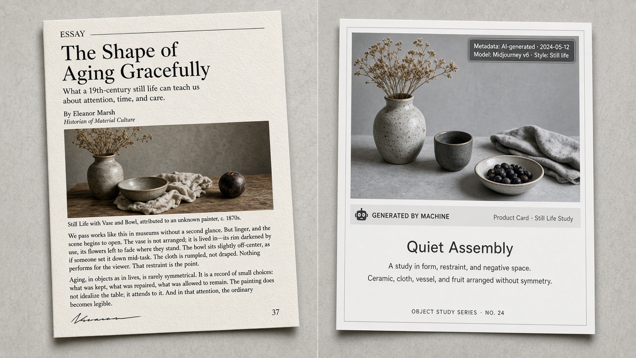 Human author byline beside a product card whose AI image metadata and AI-generated title are labeled separately