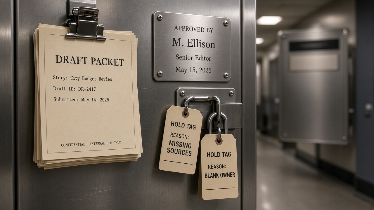 Named human reviewer recorded at a fail-closed publish gate before an automated draft can go live