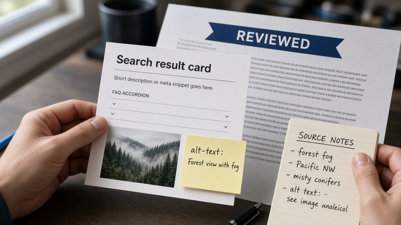 Editor checking title, meta description, FAQ, and image alt text against sources before publishing AI-generated content